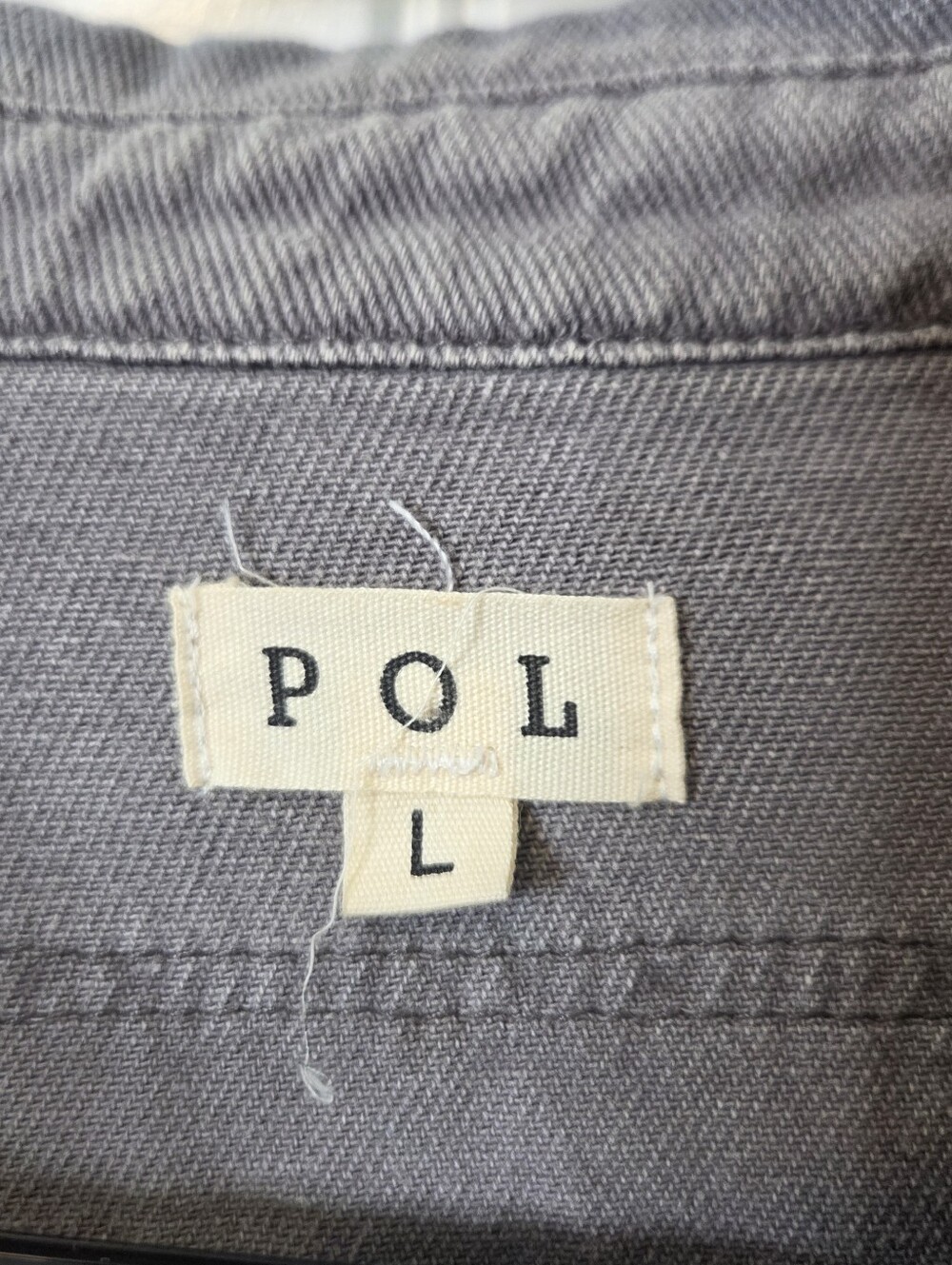 POL Distressed Denim Shacket Jacket Oversized Frayed Raw Hem Violet Gray Large - Picture 5 of 11